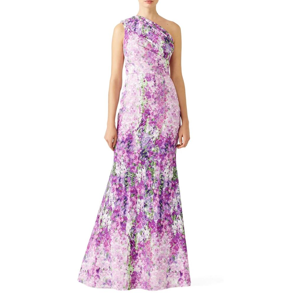 Badgley Mischka Purple Floral One-Shoulder Dress